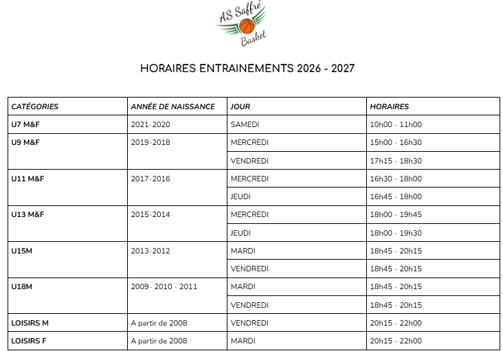 Horaires entraînements 2026 - 2027